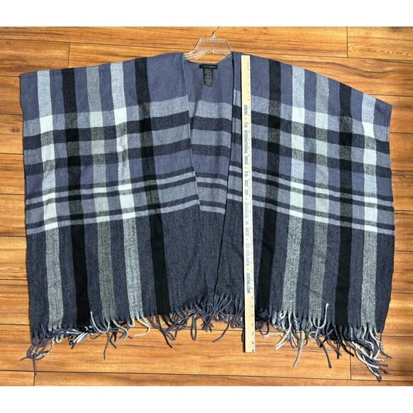 Banana Republic Cashmere Wool Blend Plaid Open Front Poncho Cape Fringe Unisex - Picture 3 of 8